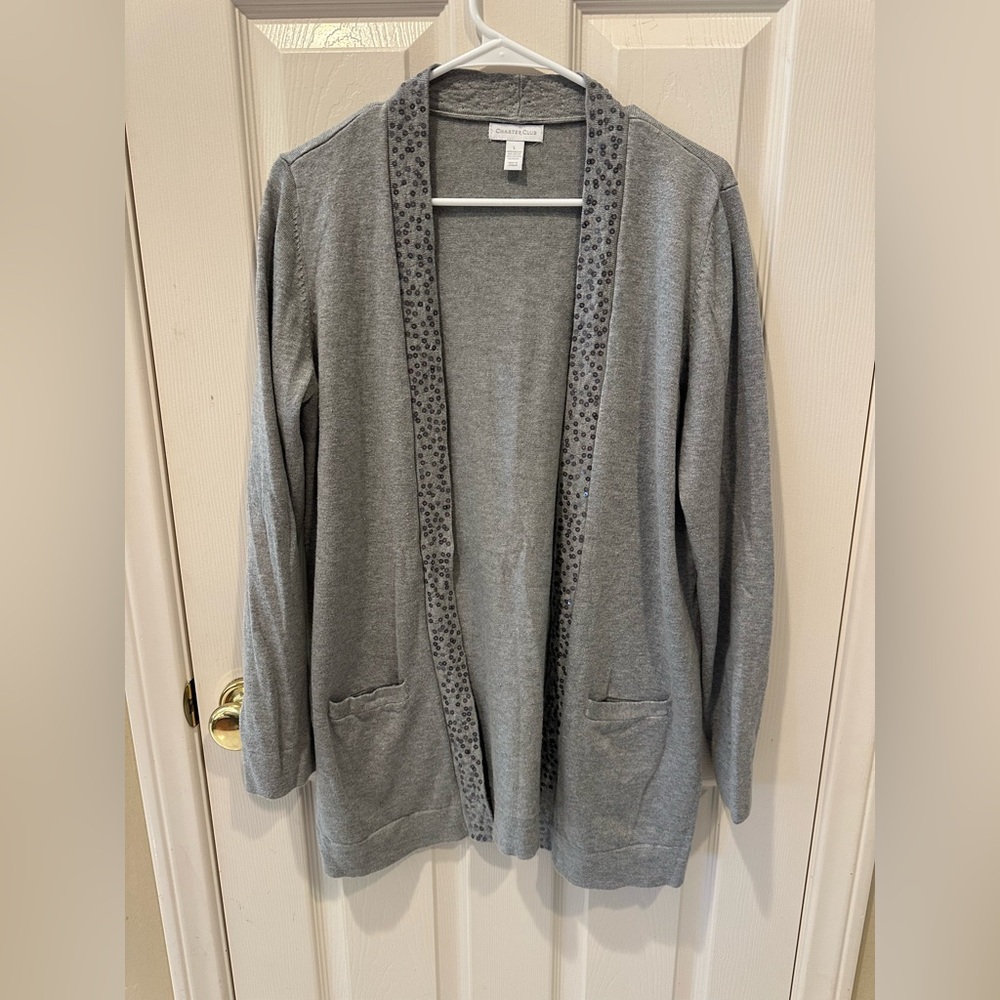 Charter Club Light Gray Cardigan with Patterned Trim